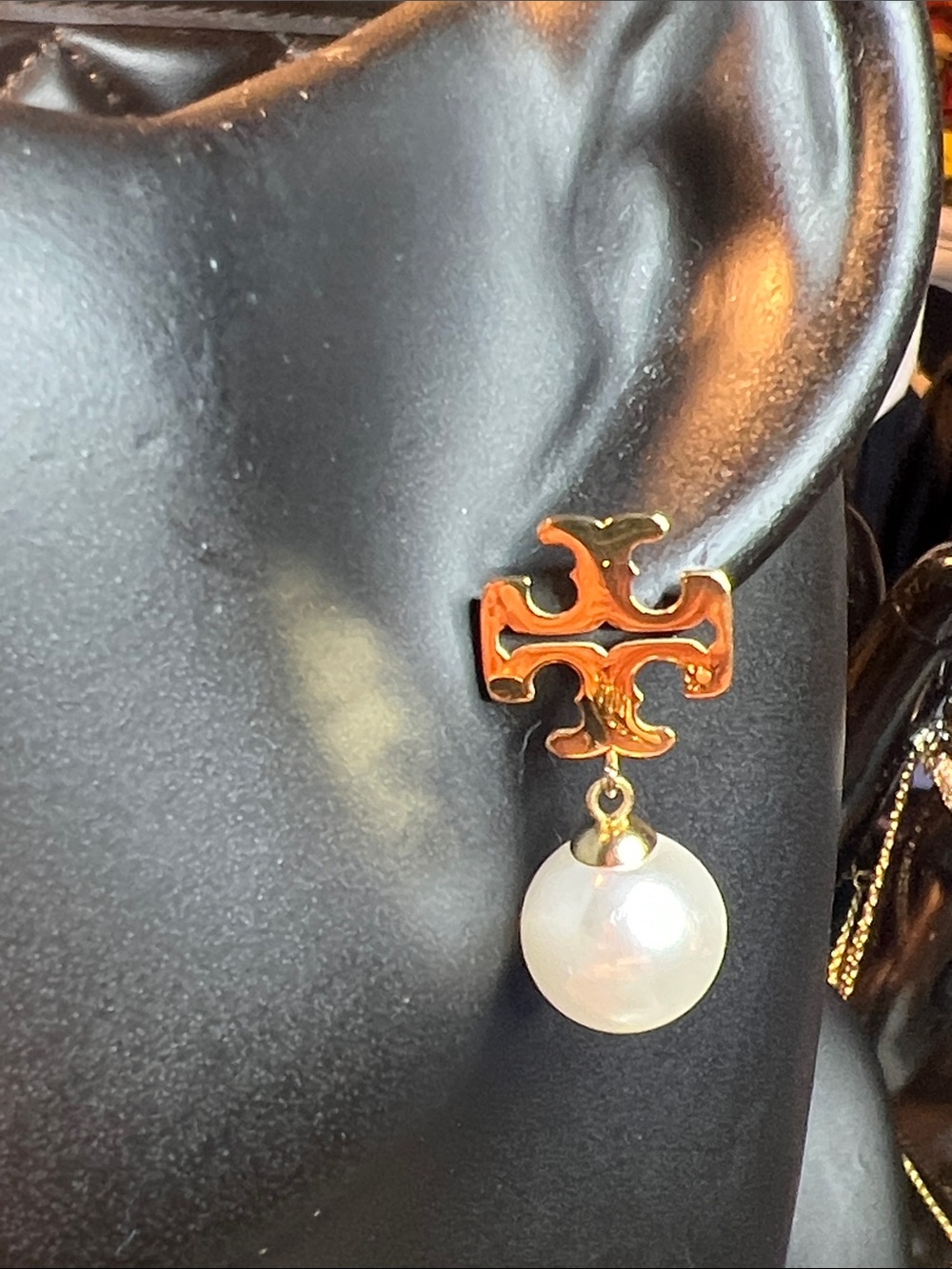 Gold Cross Drop Earrings with Pearl Accent - Black and Gold